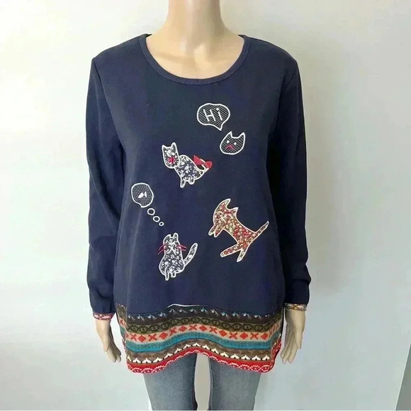Vintage long sleeves navy sweaters with cats embroidery on the front. Medium - Picture 8 of 8